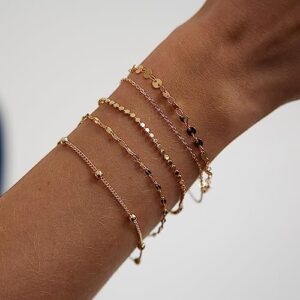 MIDEEO Gold Layered Bracelet for Women 14K Gold Plated Layered Dainty Wafer Point Lip Chain Beads Bracelet Set Silver Bracelet Simple Layering Set Women Jewelry Gift