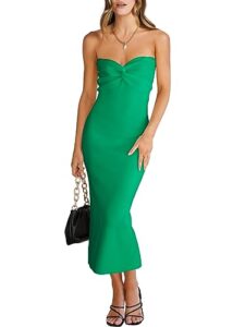 anrabess wedding guest dress for women sexy bodycon sleeveless strapless twist knot front ribbed knit midi sweater cocktail semi formal dresses 2023 fashion b1147qiancaolv-s