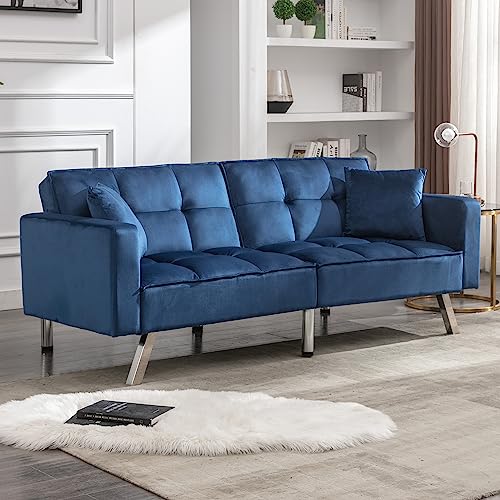 civama Futon Sofa Bed, Velvet 76" Twin Size Couch with 2 Pillows, 3-Seater 3 Angles Convertible Tufted Loveseat Sleeper for Living Room, Modern Upholstered Armrest Folding Futon, Blue, Metal Leg