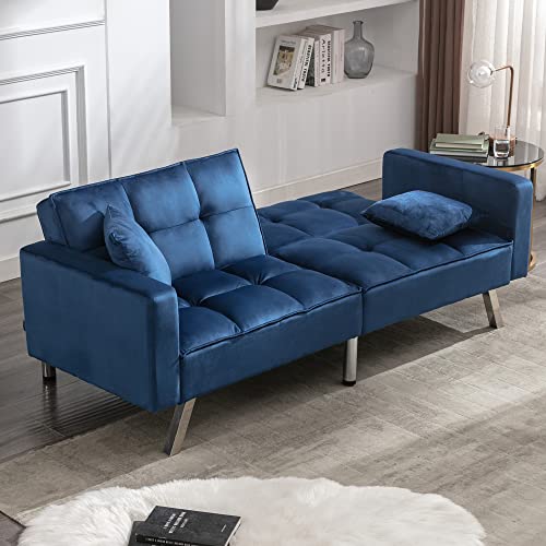 civama Futon Sofa Bed, Velvet 76" Twin Size Couch with 2 Pillows, 3-Seater 3 Angles Convertible Tufted Loveseat Sleeper for Living Room, Modern Upholstered Armrest Folding Futon, Blue, Metal Leg