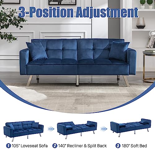 civama Futon Sofa Bed, Velvet 76" Twin Size Couch with 2 Pillows, 3-Seater 3 Angles Convertible Tufted Loveseat Sleeper for Living Room, Modern Upholstered Armrest Folding Futon, Blue, Metal Leg