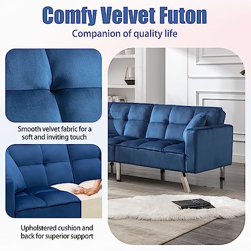 civama Futon Sofa Bed, Velvet 76" Twin Size Couch with 2 Pillows, 3-Seater 3 Angles Convertible Tufted Loveseat Sleeper for Living Room, Modern Upholstered Armrest Folding Futon, Blue, Metal Leg