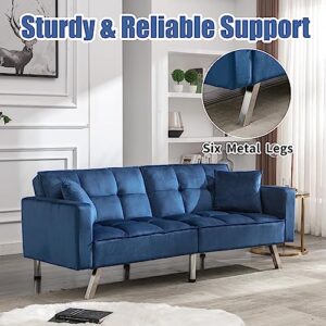 civama Futon Sofa Bed, Velvet 76" Twin Size Couch with 2 Pillows, 3-Seater 3 Angles Convertible Tufted Loveseat Sleeper for Living Room, Modern Upholstered Armrest Folding Futon, Blue, Metal Leg