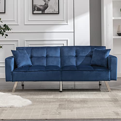 civama Futon Sofa Bed, Velvet 76" Twin Size Couch with 2 Pillows, 3-Seater 3 Angles Convertible Tufted Loveseat Sleeper for Living Room, Modern Upholstered Armrest Folding Futon, Blue, Metal Leg