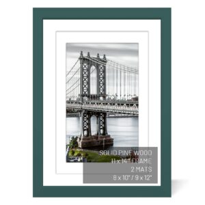 uhfwifr 11x14 picture frames solid wood display pictures 9x12 or 8x10 with mat or 11x14 frame without mat poster photo frame art with 2 mats for wall mounting or table top(dark green)