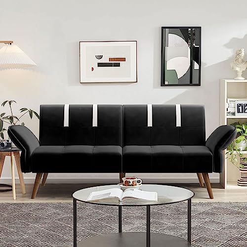 Shintenchi Futon Sofa Bed Modern Folding Sleeper Couch Bed for Living Room,Velvet Loveseat Sofa Couch Sofa cama for Apartments Office Small Spaces,w/Adjustable Armrests Backrest,Black