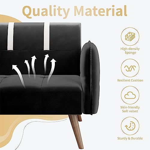 Shintenchi Futon Sofa Bed Modern Folding Sleeper Couch Bed for Living Room,Velvet Loveseat Sofa Couch Sofa cama for Apartments Office Small Spaces,w/Adjustable Armrests Backrest,Black