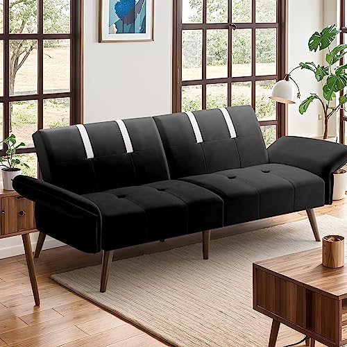 Shintenchi Futon Sofa Bed Modern Folding Sleeper Couch Bed for Living Room,Velvet Loveseat Sofa Couch Sofa cama for Apartments Office Small Spaces,w/Adjustable Armrests Backrest,Black