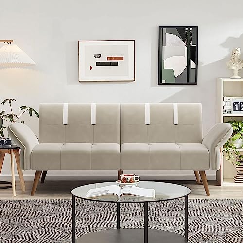 Shintenchi Futon Sofa Bed Modern Folding Sleeper Couch Bed for Living Room,Velvet Loveseat Sofa Couch Sofa Cama for Apartments Office Small Spaces,w/Adjustable Armrests Backrest,White