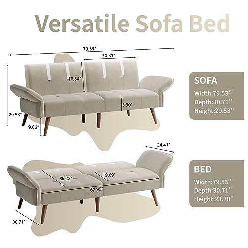 Shintenchi Futon Sofa Bed Modern Folding Sleeper Couch Bed for Living Room,Velvet Loveseat Sofa Couch Sofa Cama for Apartments Office Small Spaces,w/Adjustable Armrests Backrest,White