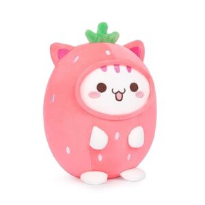 aixini cute strawberry cat plush pillow 8" kitten stuffed animal, soft kawaii cat plushie with strawberry outfit costume gift for kids