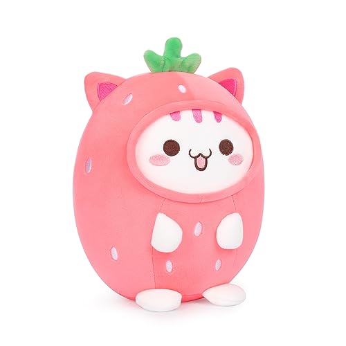 AIXINI Cute Strawberry Cat Plush Pillow 8" Kitten Stuffed Animal, Soft Kawaii Cat Plushie with Strawberry Outfit Costume Gift for Kids