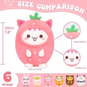 AIXINI Cute Strawberry Cat Plush Pillow 8" Kitten Stuffed Animal, Soft Kawaii Cat Plushie with Strawberry Outfit Costume Gift for Kids