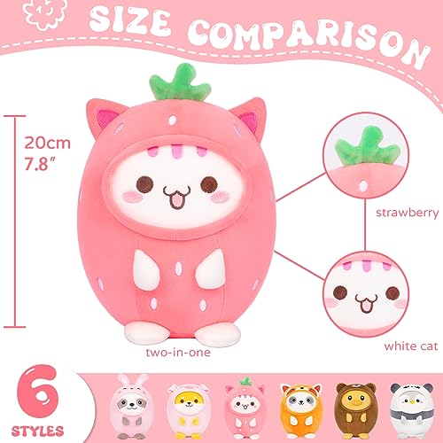 AIXINI Cute Strawberry Cat Plush Pillow 8" Kitten Stuffed Animal, Soft Kawaii Cat Plushie with Strawberry Outfit Costume Gift for Kids