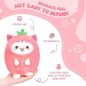 AIXINI Cute Strawberry Cat Plush Pillow 8" Kitten Stuffed Animal, Soft Kawaii Cat Plushie with Strawberry Outfit Costume Gift for Kids