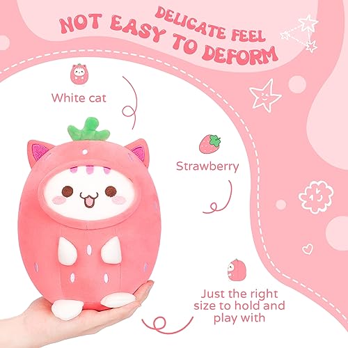 AIXINI Cute Strawberry Cat Plush Pillow 8" Kitten Stuffed Animal, Soft Kawaii Cat Plushie with Strawberry Outfit Costume Gift for Kids