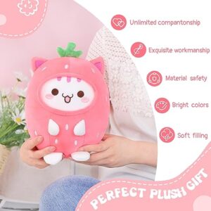 AIXINI Cute Strawberry Cat Plush Pillow 8" Kitten Stuffed Animal, Soft Kawaii Cat Plushie with Strawberry Outfit Costume Gift for Kids