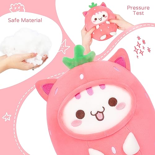 AIXINI Cute Strawberry Cat Plush Pillow 8" Kitten Stuffed Animal, Soft Kawaii Cat Plushie with Strawberry Outfit Costume Gift for Kids