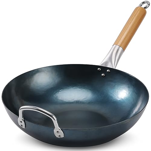 mMlpes Flat Bottom Wok Pan - 13.5" Pre-Seasoned Carbon Steel Wok No Chemical Coating Traditional Hand Hammered Woks & Stir-Fry Pans for Electric Induction Gas Cooktops Nonstick | Blue