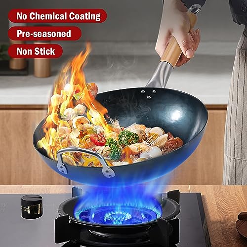 mMlpes Flat Bottom Wok Pan - 13.5" Pre-Seasoned Carbon Steel Wok No Chemical Coating Traditional Hand Hammered Woks & Stir-Fry Pans for Electric Induction Gas Cooktops Nonstick | Blue