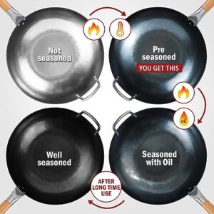 mMlpes Flat Bottom Wok Pan - 13.5" Pre-Seasoned Carbon Steel Wok No Chemical Coating Traditional Hand Hammered Woks & Stir-Fry Pans for Electric Induction Gas Cooktops Nonstick | Blue