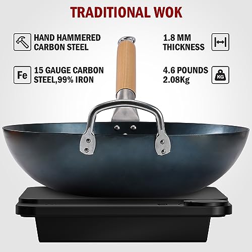 mMlpes Flat Bottom Wok Pan - 13.5" Pre-Seasoned Carbon Steel Wok No Chemical Coating Traditional Hand Hammered Woks & Stir-Fry Pans for Electric Induction Gas Cooktops Nonstick | Blue