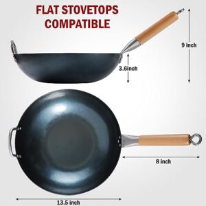 mMlpes Flat Bottom Wok Pan - 13.5" Pre-Seasoned Carbon Steel Wok No Chemical Coating Traditional Hand Hammered Woks & Stir-Fry Pans for Electric Induction Gas Cooktops Nonstick | Blue