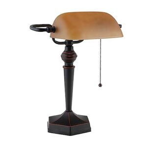 traditional piano banker table lamp 15" high antique bronze dark brown metal alabaster glass shade decor for bedroom house bedside nightstand home office reading