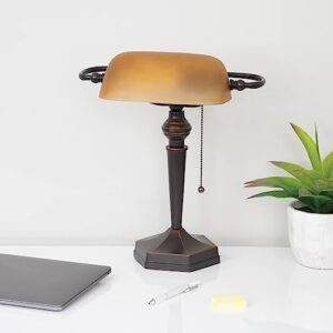 Traditional Piano Banker Table Lamp 15" High Antique Bronze Dark Brown Metal Alabaster Glass Shade Decor for Bedroom House Bedside Nightstand Home Office Reading