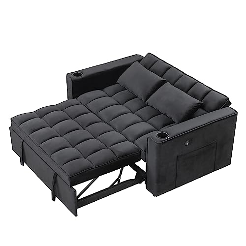 Eafurn 4 in 1 Convertible Sleeper Sofa Bed, Modern Velvet Loveseat w/Pull Out Couch, 55.3" Love Seat Lounge Sofa & Couch w/Reclining Backrest, Cup Holders and USB Port,RV Furniture for Small Place