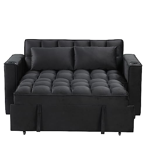 Eafurn 4 in 1 Convertible Sleeper Sofa Bed, Modern Velvet Loveseat w/Pull Out Couch, 55.3" Love Seat Lounge Sofa & Couch w/Reclining Backrest, Cup Holders and USB Port,RV Furniture for Small Place