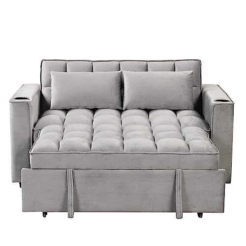 Eafurn 4 in 1 Convertible Sleeper Sofa Bed, Modern Velvet Loveseat w/Pull Out Couch, 55.3" Love Seat Lounge Sofa & Couch w/Reclining Backrest, Cup Holders and USB Port,RV Furniture for Small Place
