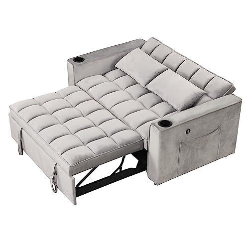 Eafurn 4 in 1 Convertible Sleeper Sofa Bed, Modern Velvet Loveseat w/Pull Out Couch, 55.3" Love Seat Lounge Sofa & Couch w/Reclining Backrest, Cup Holders and USB Port,RV Furniture for Small Place
