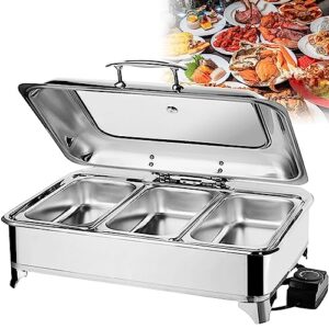 electric chafing dish, food warmer for buffet, party warming trays with viewing glass cover, easy clean stainless steel - temperature control(size:3 grids)
