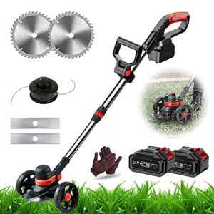 electric weed wacker battery powered weed eater, 120cm-170cm cordless string trimmer battery powered weed wacker lightweight grass cutter machine with battery, charger and wheel
