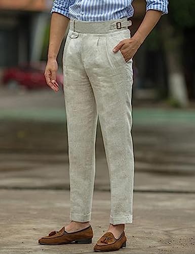 Snoly Men's Summer Retro Lightweight Linen Gurkha Trousers Tapered Leg Straight Flat Front Chino Pant (as1, Alpha, l, Regular, Regular, Beige, Regular)