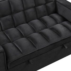 4-in-1 Multi-functional Sofa Bed with Cup Holder and USB Port, Velvet Pull Out Sofa Bed with 2 Pillows and Adjustable Backrest, 58" Loveseat Couch Bed for Living Room Office Apartment (Black-V)