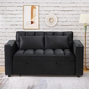 4-in-1 Multi-functional Sofa Bed with Cup Holder and USB Port, Velvet Pull Out Sofa Bed with 2 Pillows and Adjustable Backrest, 58" Loveseat Couch Bed for Living Room Office Apartment (Black-V)