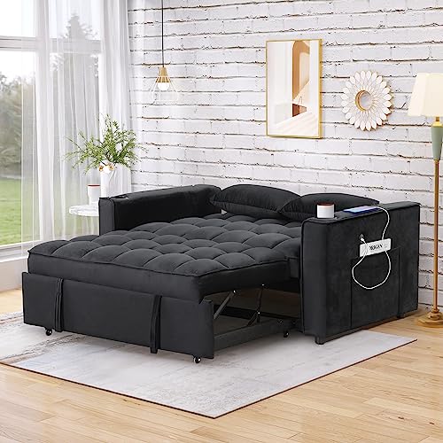 4-in-1 Multi-functional Sofa Bed with Cup Holder and USB Port, Velvet Pull Out Sofa Bed with 2 Pillows and Adjustable Backrest, 58" Loveseat Couch Bed for Living Room Office Apartment (Black-V)