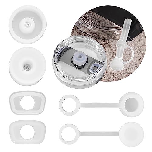 Hmdivor 6PCS Silicone Spill Stopper Set for 1.0 30/40oz Stanley Cup, Including 2 Straw Cover, 2 Rectangle Spill Stopper and 2 Round Leak Stopper for Stanley Cup Accessories (white)