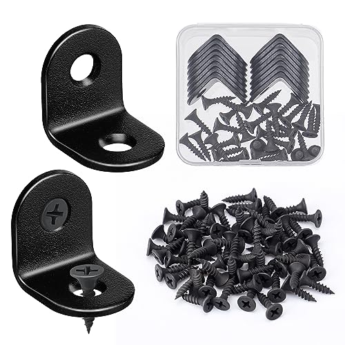 16PCS L Bracket Stainless Steel Corner Brace, Premium 90 Degree Right Angle Shelves Brackets, Small Black Metal L Corner Brackets for Wood Drawer Cabinet Furniture with 32 Pcs Screws (0.79x 0.79 inch)