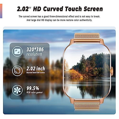 FILIEKEU 𝐒𝐦𝐚𝐫𝐭 𝐖𝐚𝐭𝐜𝐡 Men Women for Android iPhone Blood Oxygen Presure Sleep Monitor Smart Watches 2.02 inch Curved Screen Bluetooth Call Waterproof Fitness Tracker Smartwatch Gold