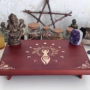 Altar Table, Meditation Table, Small Altar Table, Wooden Witch Altar, Wiccan Alter Table, Buddhist Shrine, Engraved Spiral Goddess on Table Top, 12 × 8 inches