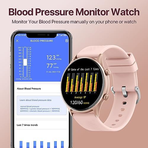 Smart Watch, Blood Pressure Watches for Women, Fitness Tracker with Heart Rate Monitor Blood Oxygen Tracking, Smartwatch Watch for Women iPhone Android Reloj Inteligente para Mujer, 1.4'' Round Pink