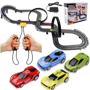 slot car race track sets, 23 ft battery powered or electric track with 4 slot cars, dual racing game lap counters, race track set features a loop, turns, straightaways and a crossover for boys age 4-8
