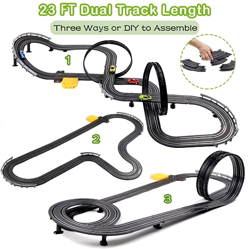 Slot Car Race Track Sets, 23 ft Battery Powered or Electric Track with 4 Slot Cars, Dual Racing Game Lap Counters, Race Track Set Features a Loop, Turns, Straightaways and a Crossover for Boys Age 4-8