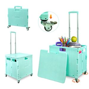 foldable utility cart,heavy duty 4 wheels rolling carts，collapsible crate shopping cart with wheels rolling tote basket teacher cart with lid,travel shopping moving storage office use（green）