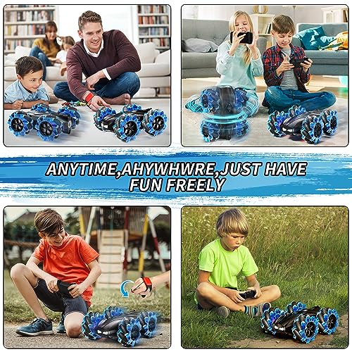 AIQI RC Gesture Sensing Stunt Car,2.4GHz 4WD Remote Control Car with Cool Light,Double Sided Rotating Off Road Vehicle 360° Flips Cars for 6-12 Year Old Boys Girls Birthday Presents (Blue)