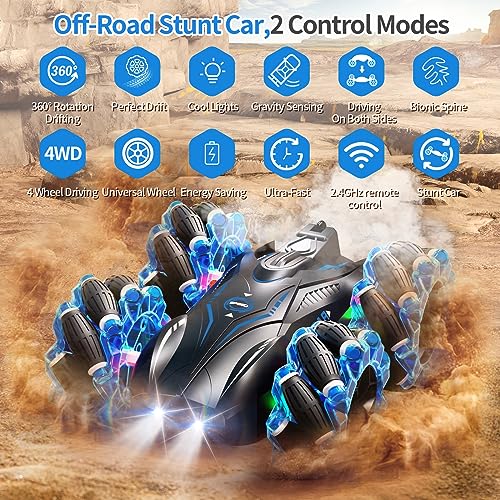 AIQI RC Gesture Sensing Stunt Car,2.4GHz 4WD Remote Control Car with Cool Light,Double Sided Rotating Off Road Vehicle 360° Flips Cars for 6-12 Year Old Boys Girls Birthday Presents (Blue)