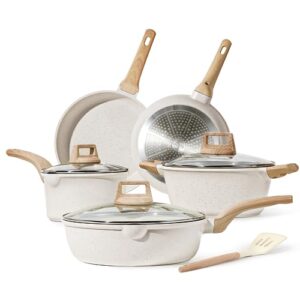 carote pots and pans set，nonstick cookware sets induction cookware, white granite 9 pcs non stick cooking set w/frying pans & saucepans(pfos, pfoa free)